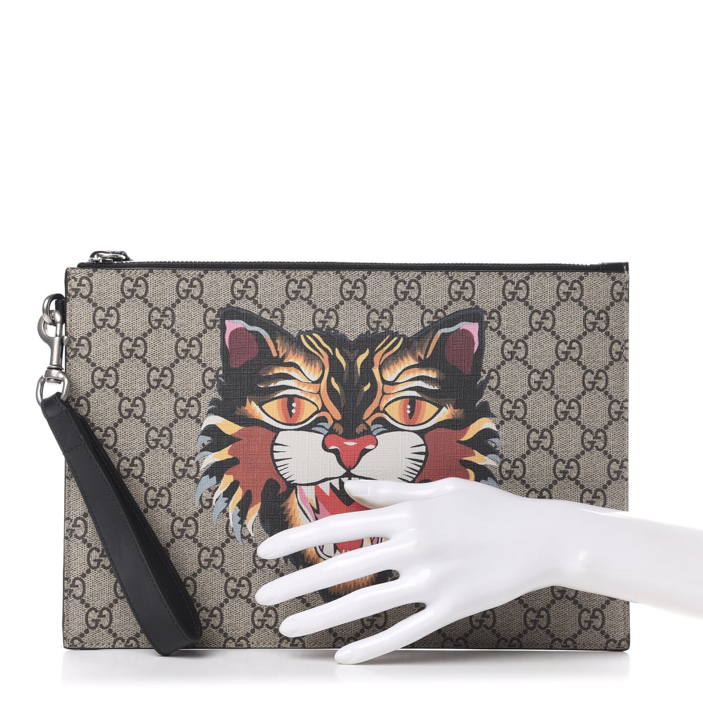 GG Supreme Monogram Angry Cat Zip Wristlet Pouch Beige