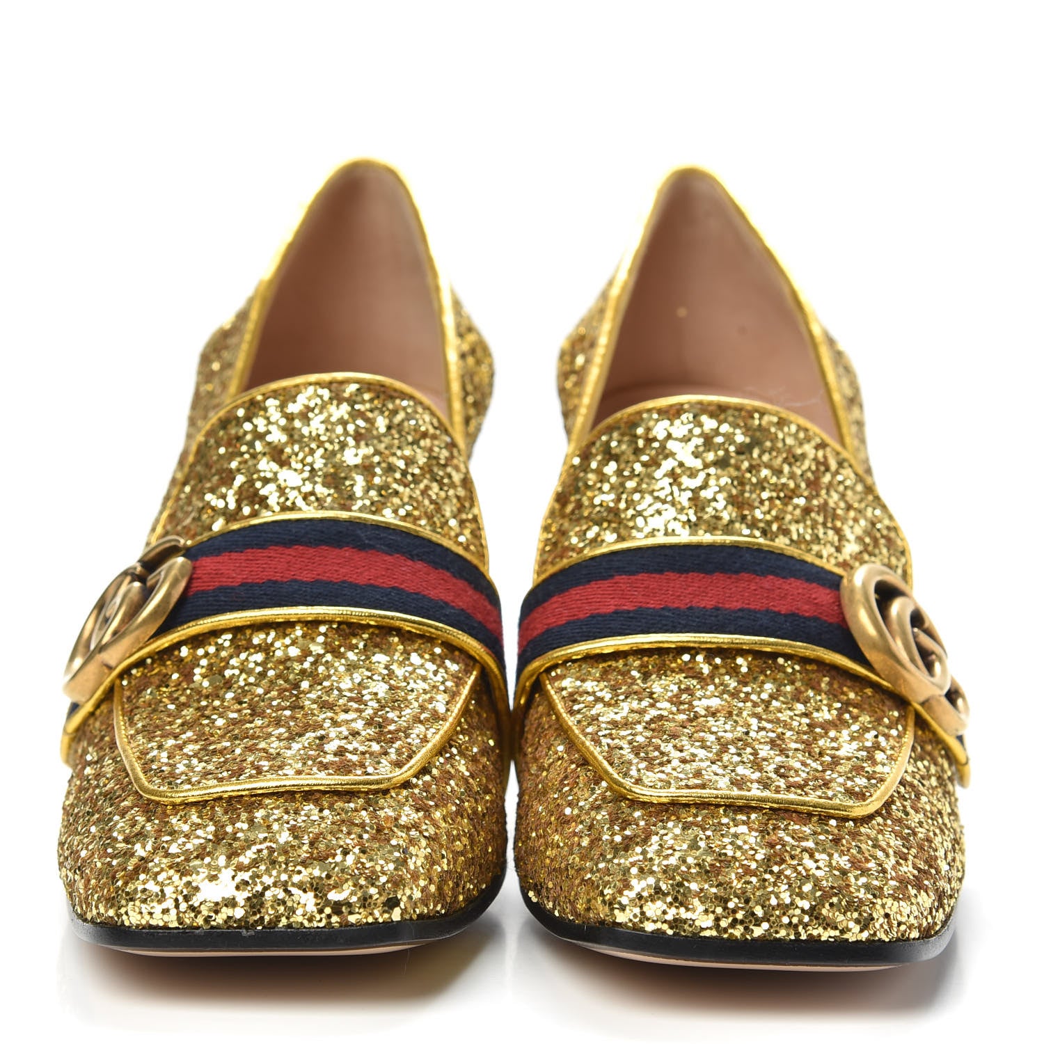 Gucci Glitter Nappa Web Peyton 75mm Loafer Pumps 39.5 Oro Vecchio 2 of 8
