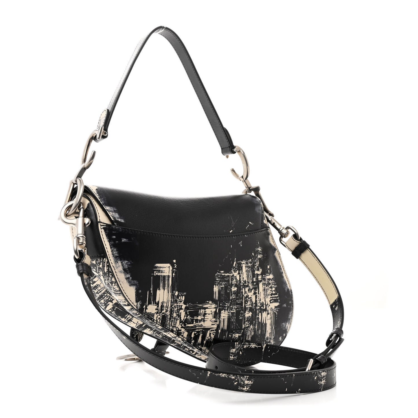Calfskin New York Printed Saddle Bag With Strap Black White