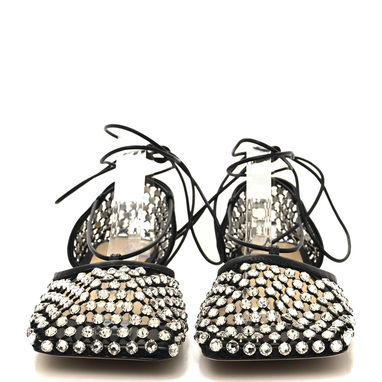 Bottega Veneta Mesh Nappa Crystal Embellished Sparkle Stretch Ankle Tie Flats 37 Black 2 of 7