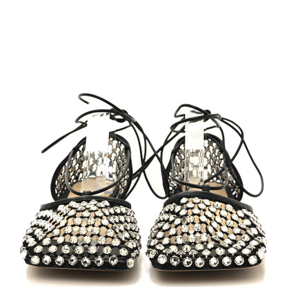 Bottega Veneta Mesh Nappa Crystal Embellished Sparkle Stretch Ankle Tie Flats 37 Black 2 of 7