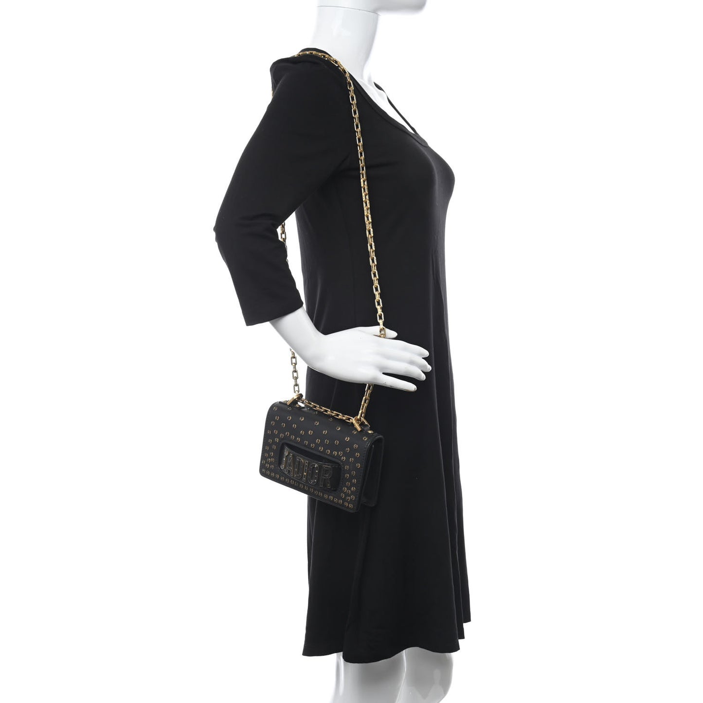 Calfskin Studded Mini J'Adior Chain Flap Bag Black