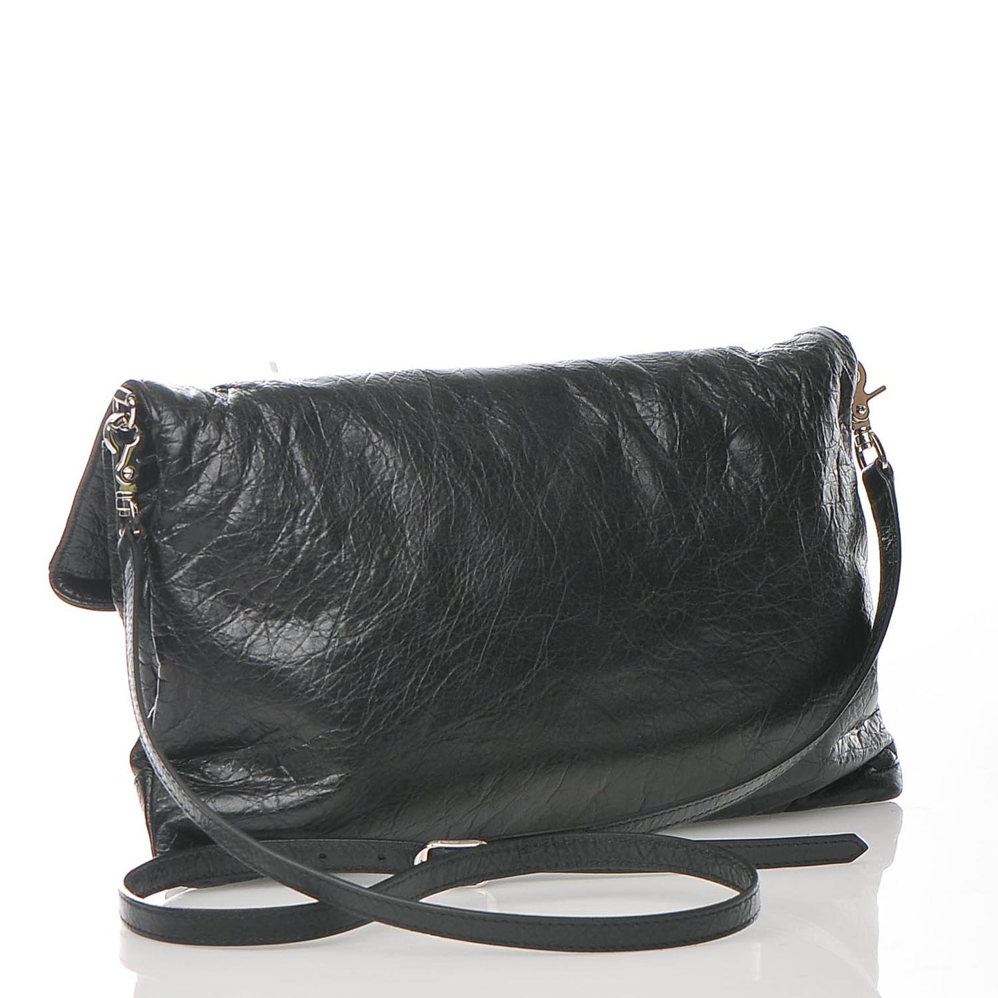 Agneau Classic Silver Hardware Envelope Strap Clutch Black