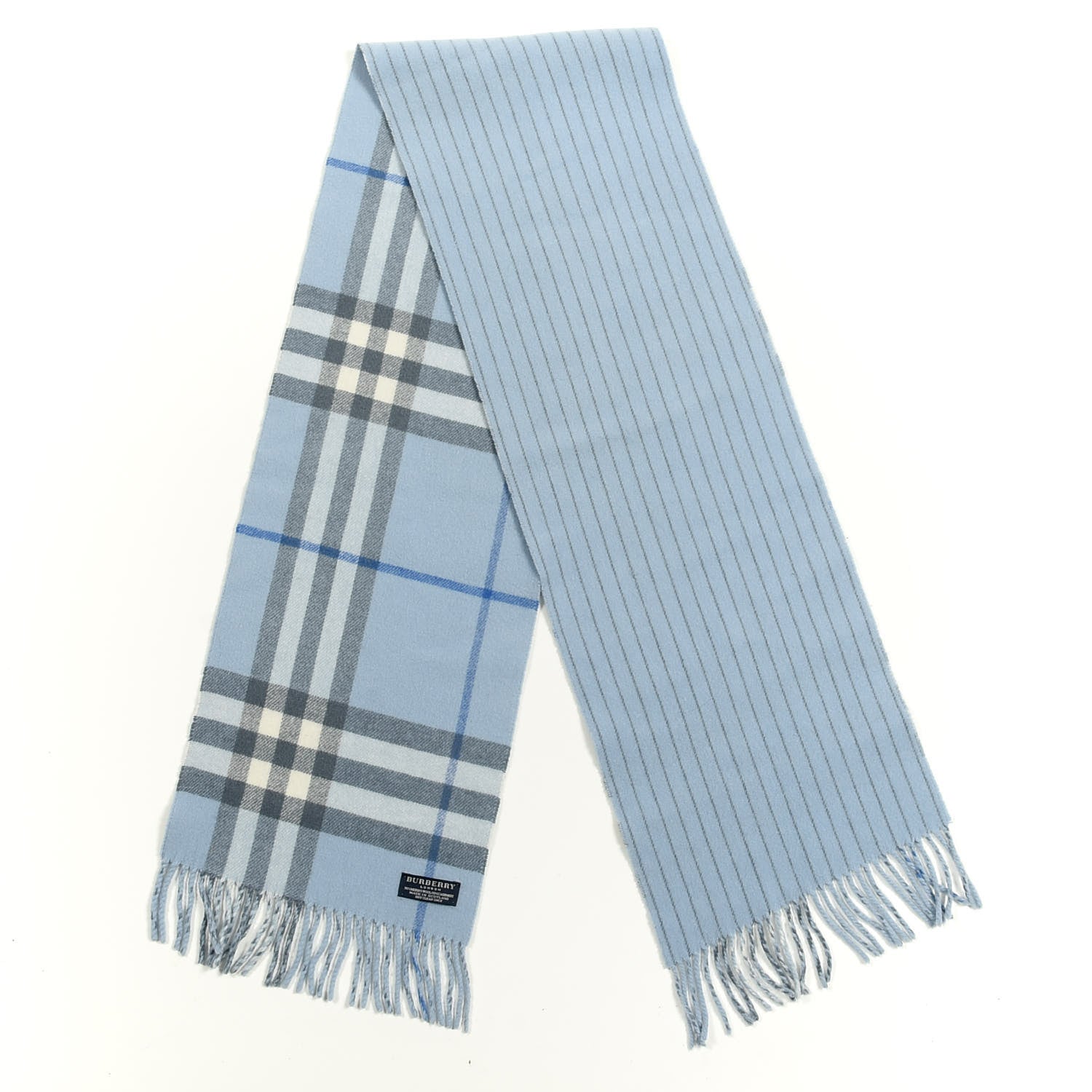 Burberry Wool Cashmere House Check Striped Fringe Scarf Blue Grey 2 of 3