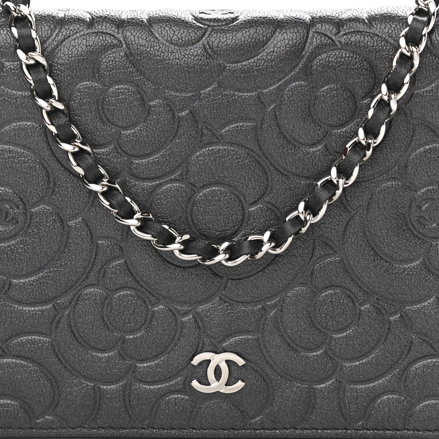 Goatskin Camellia Embossed Wallet On Chain WOC Grey
