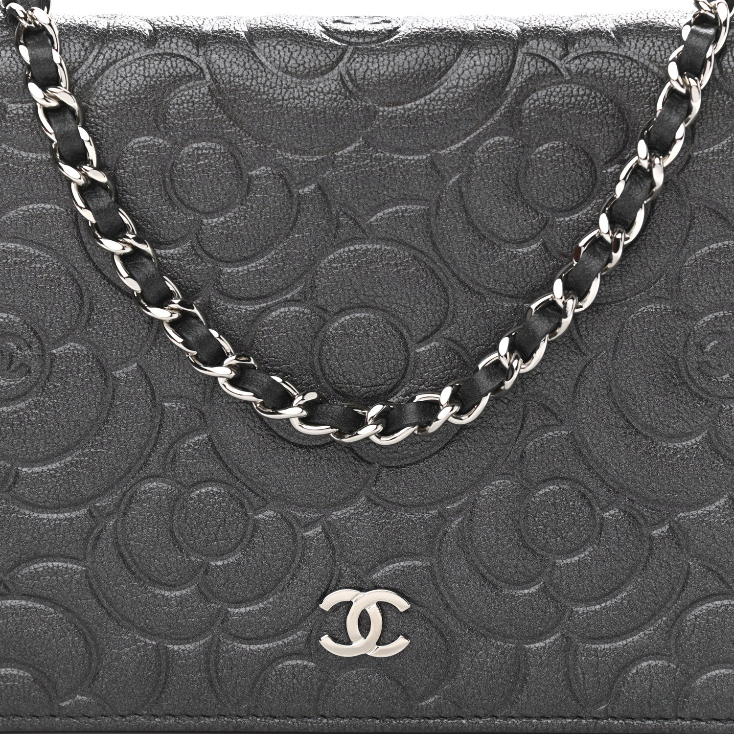 Chanel Goatskin Camellia Embossed Wallet On Chain WOC Grey 9 of 12