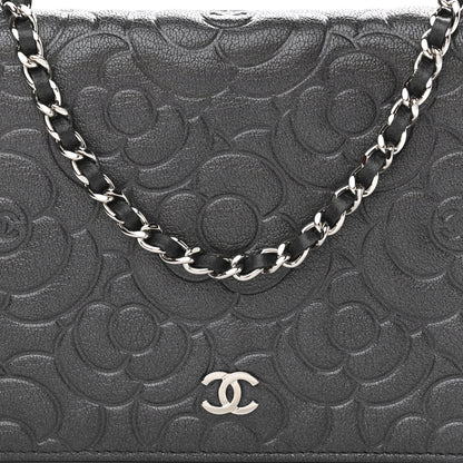 Chanel Goatskin Camellia Embossed Wallet On Chain WOC Grey 9 of 12