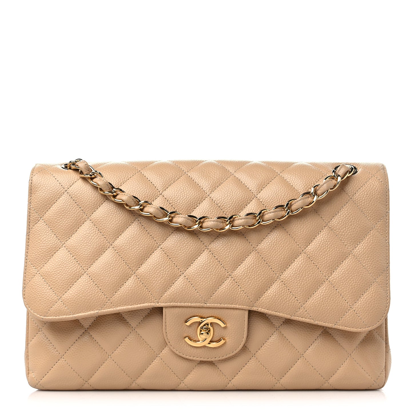 Caviar Quilted Jumbo Double Flap Beige Clair