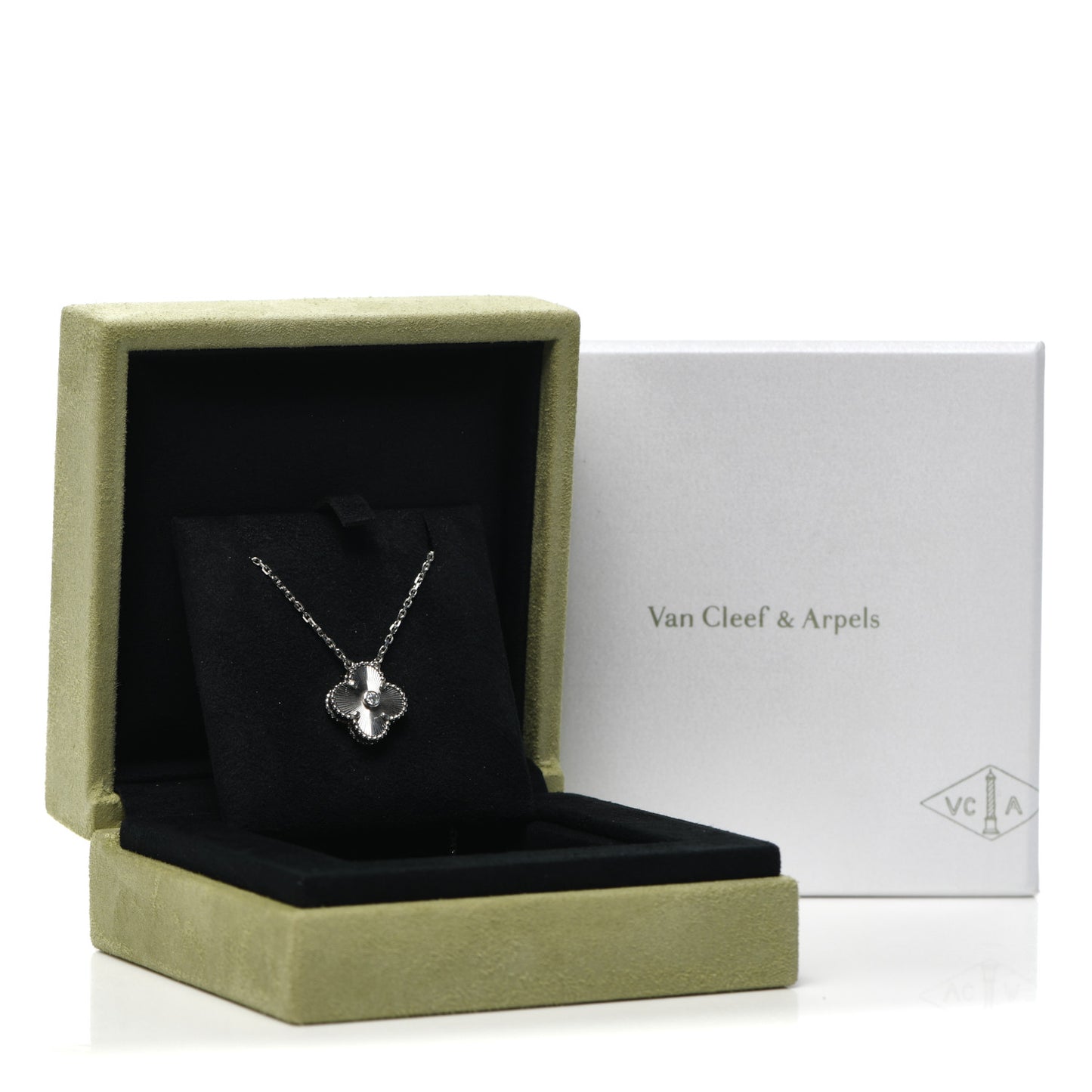 18K White Gold Diamond Guilloche Vintage Alhambra Pendant Necklace