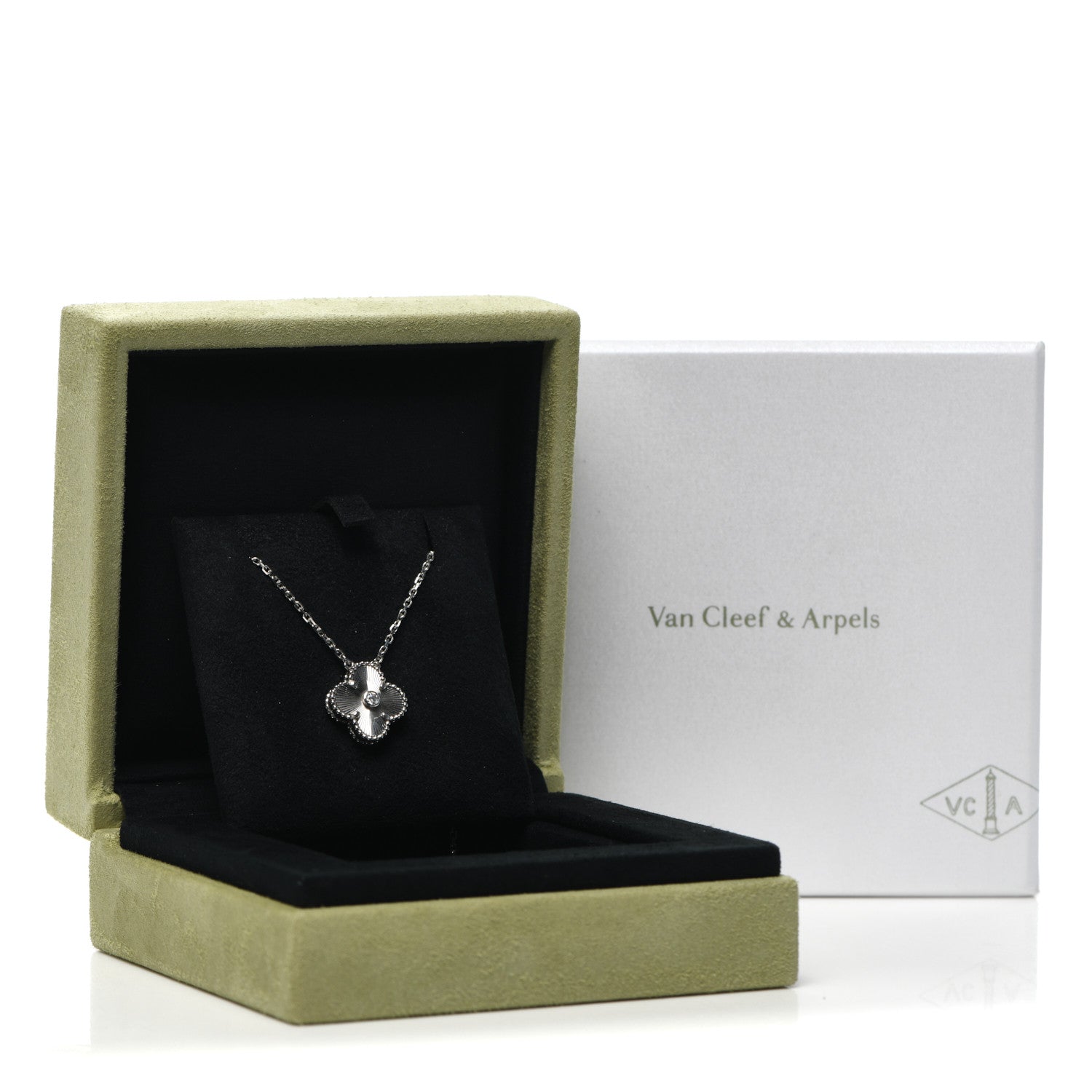 Van Cleef & Arpels 18K White Gold Diamond Guilloche Vintage Alhambra Pendant Necklace 8 of 8