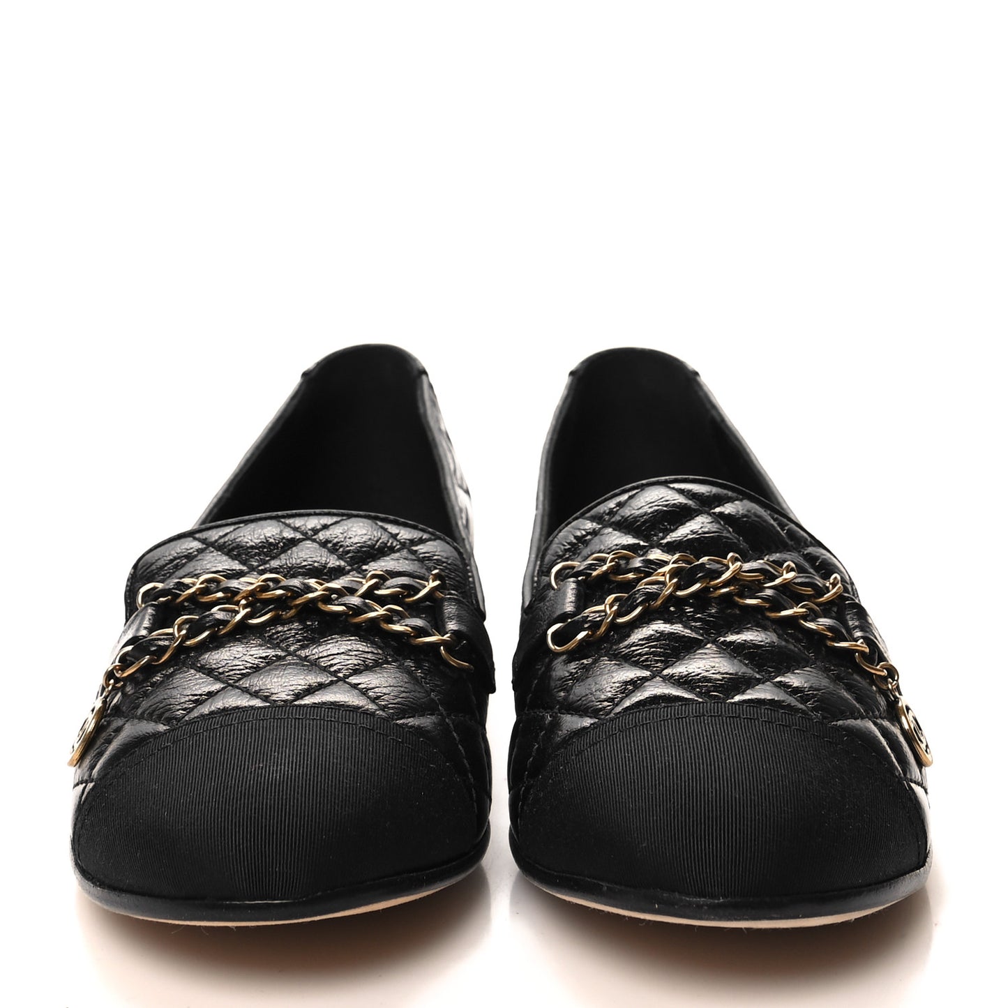 Grosgrain Glazed Lambskin Quilted Chain Loafers 37 Black