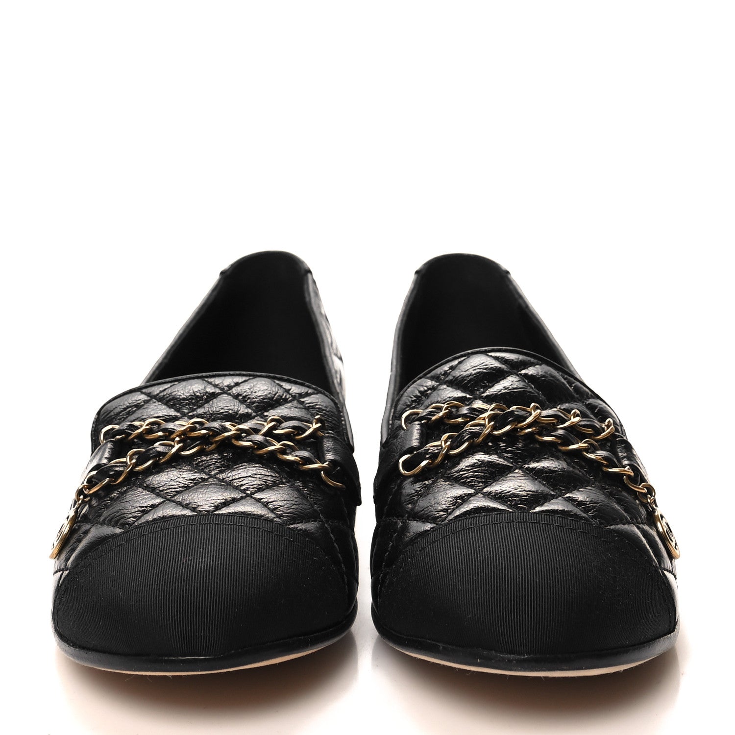 Chanel Grosgrain Glazed Lambskin Quilted Chain Loafers 37 Black 2 of 8