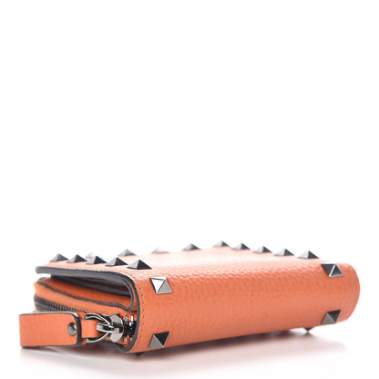 Valentino Garavani Pebbled Calfskin Rockstud Compact Zip Around Wallet Orange 4 of 9