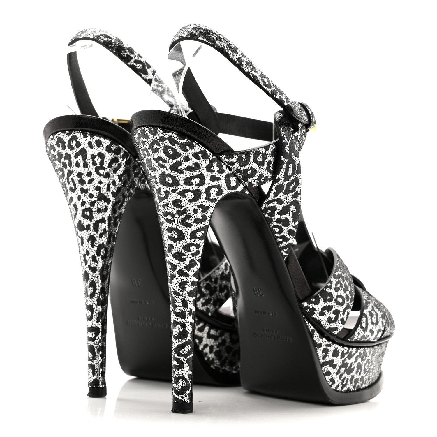 Saint Laurent Metallic Calfskin Leopard Print Tribute 105 Platform Sandals 38  Black Silver 5 of 12