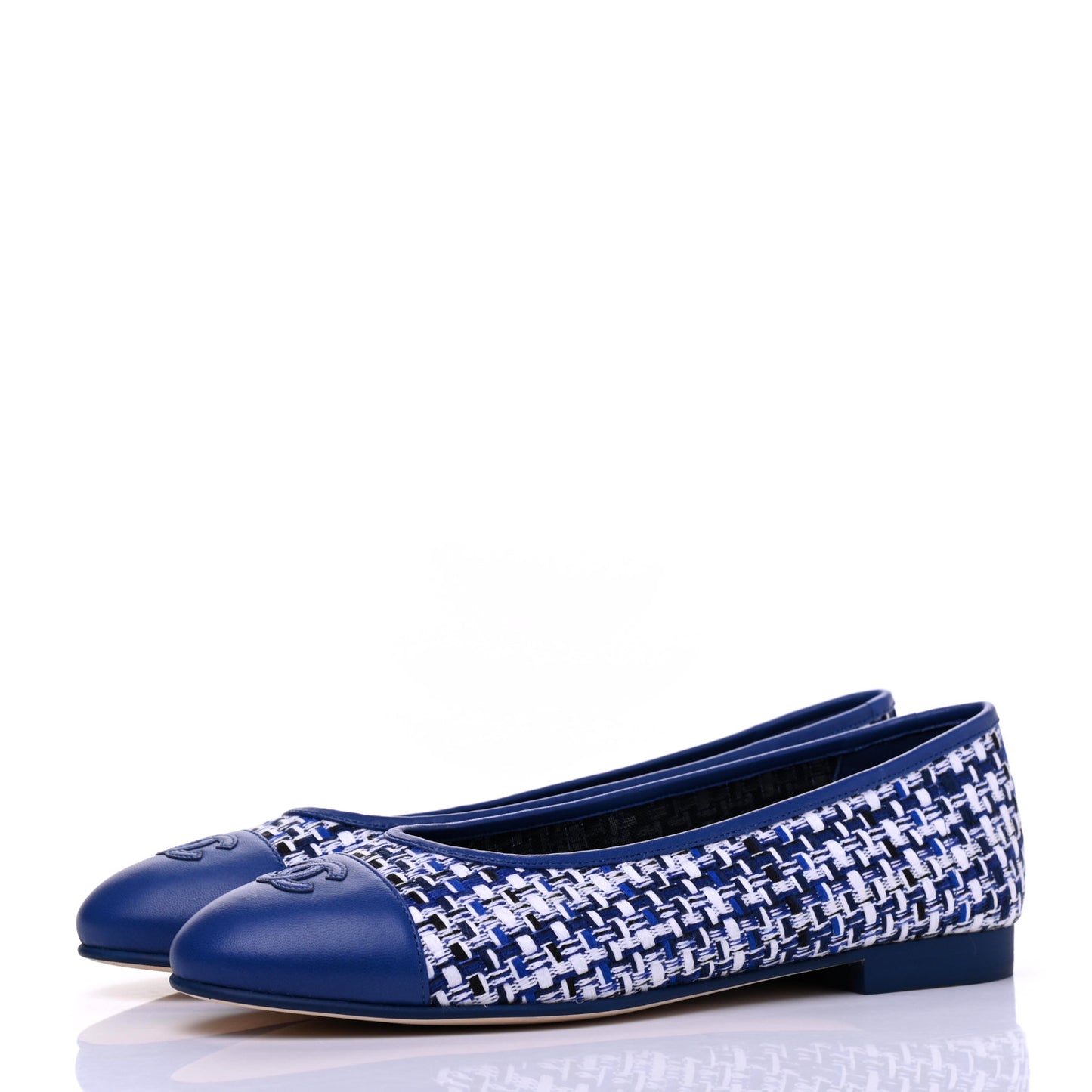 Tweed Lambskin CC Cap Toe Ballerina Flats 40 White Blue