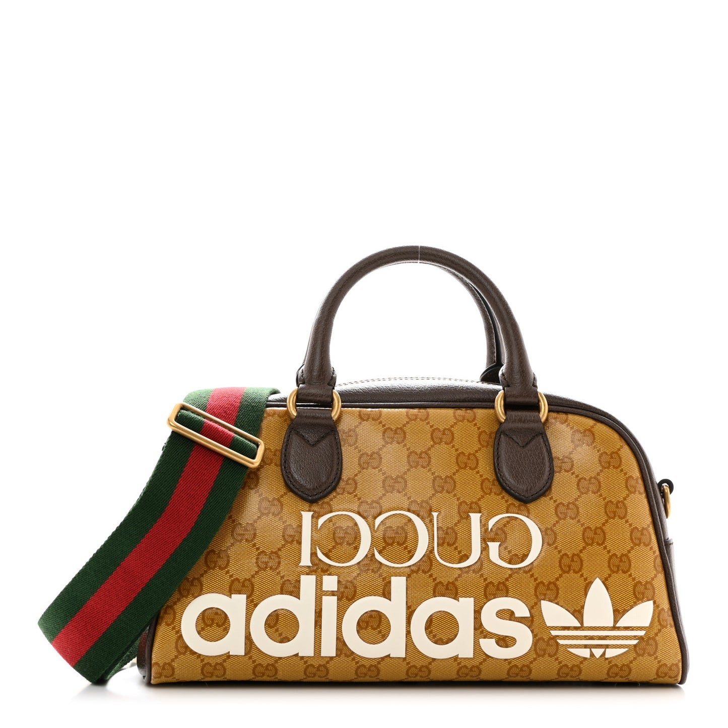 X ADIDAS Crystal Vintage Monogram Textured Dollar Calfskin Web Trefoil Logo Mini Bowling Bag Mid Natural Nut Off White New Acero