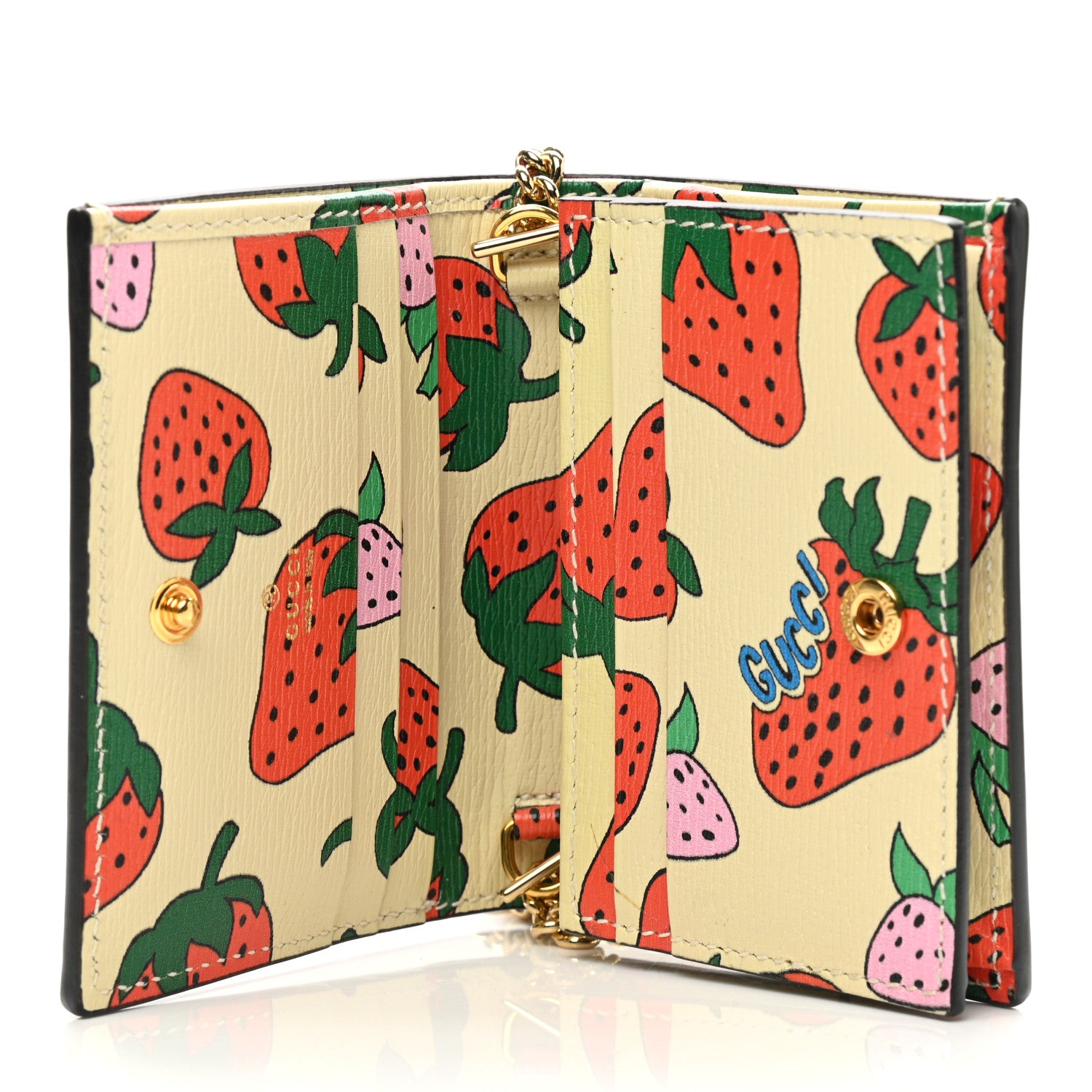Gucci Calfskin Strawberry Print Zumi Chain Card Case Wallet Ivory Red 5 of 11