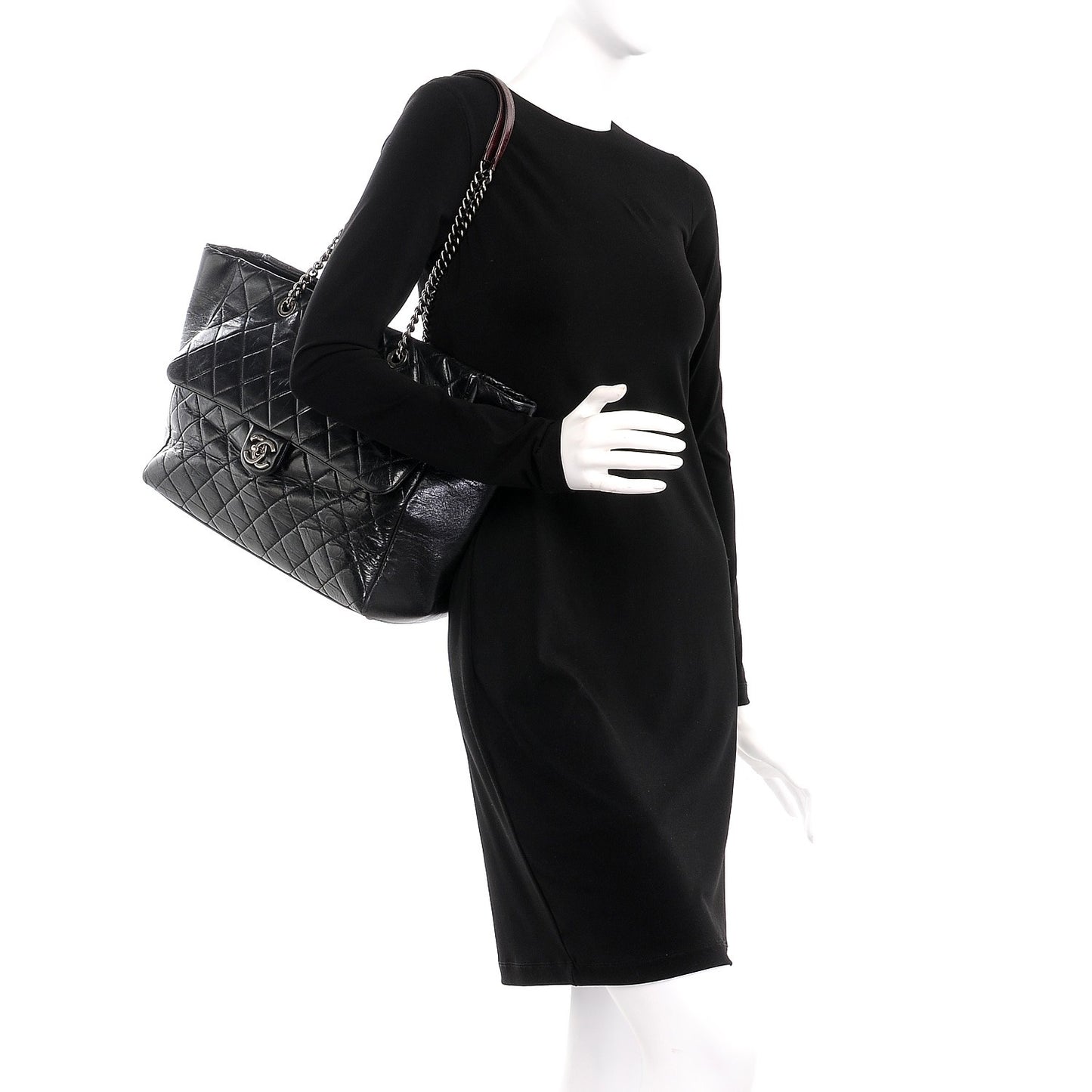 Glazed Calfskin Quilted Large Duo Color Tote Black