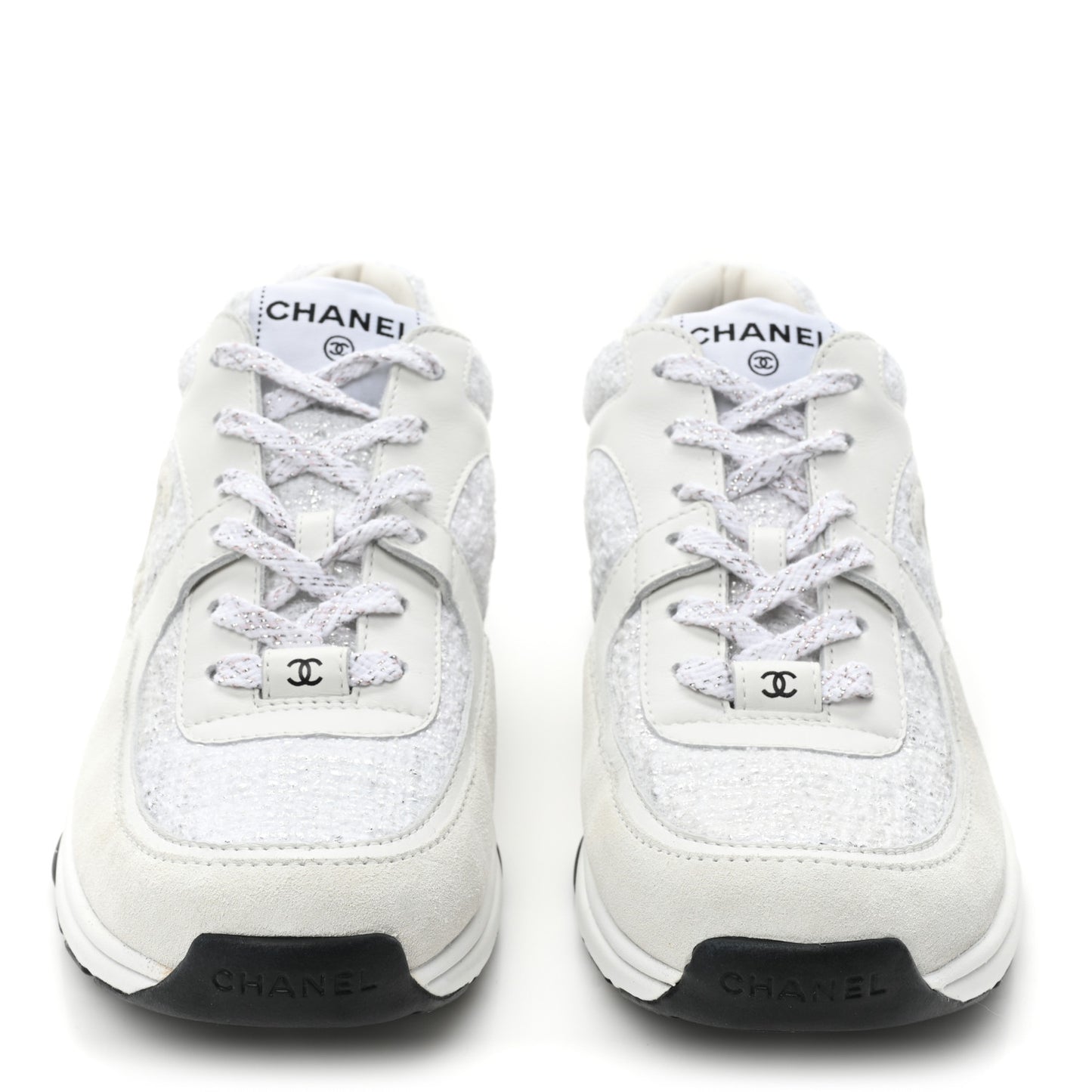 Painted Iridescent Cotton Tweed Suede Calfskin Womens CC Sneakers 39.5 White Silver Multicolor