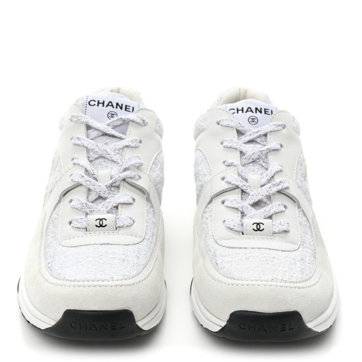 Chanel Painted Iridescent Cotton Tweed Suede Calfskin Womens CC Sneakers 39.5 White Silver Multicolor 2 of 8