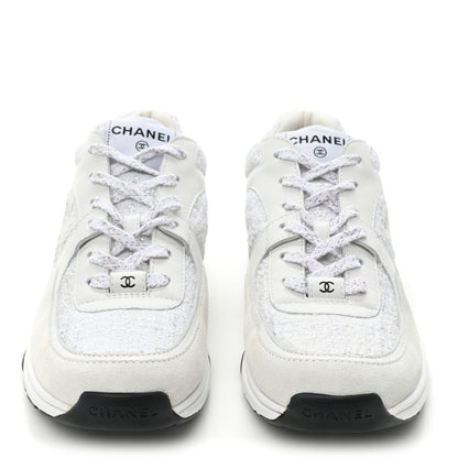 Chanel Painted Iridescent Cotton Tweed Suede Calfskin Womens CC Sneakers 39.5 White Silver Multicolor 2 of 8