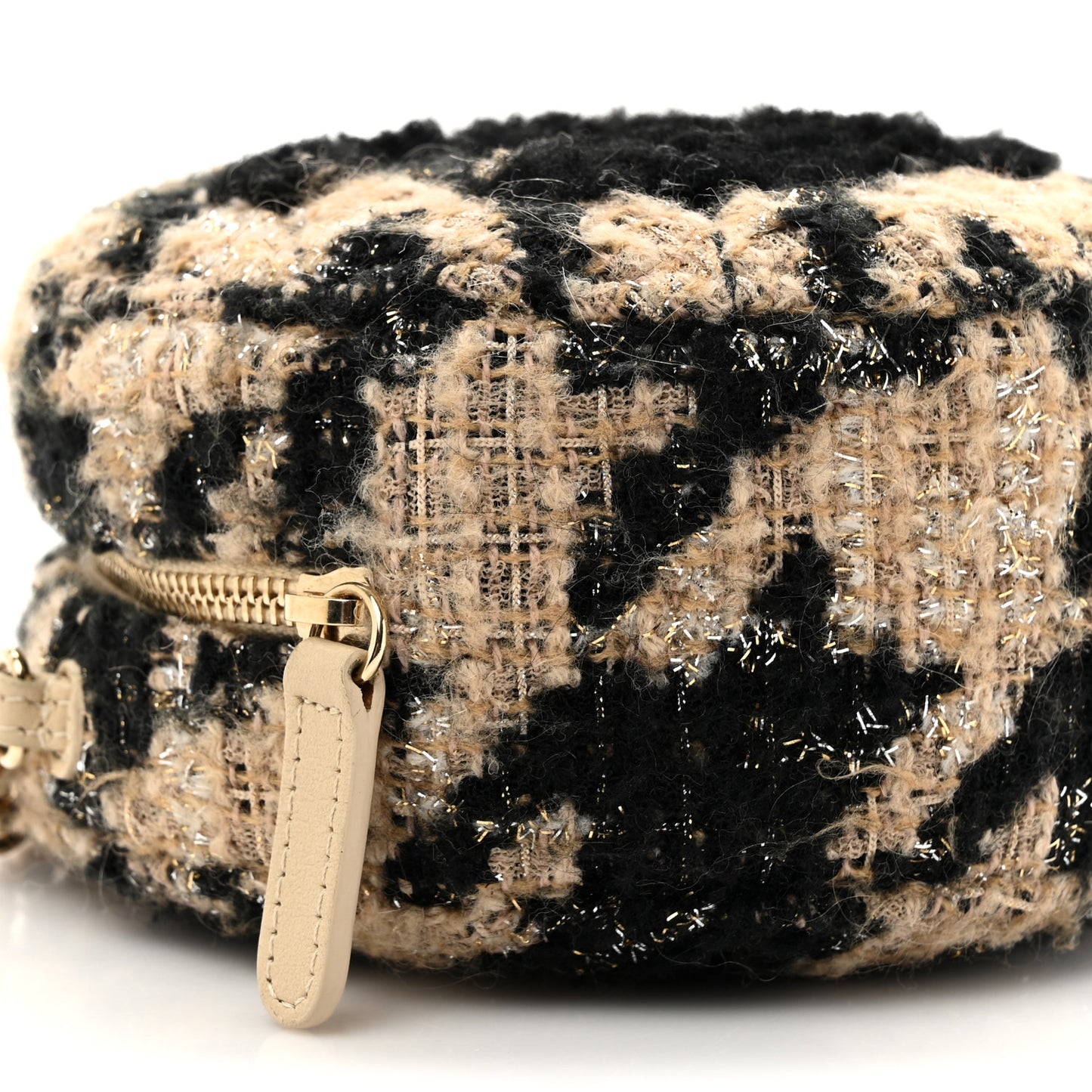 Tweed Shearling Round Clutch With Chain and Coin Purse Beige Black