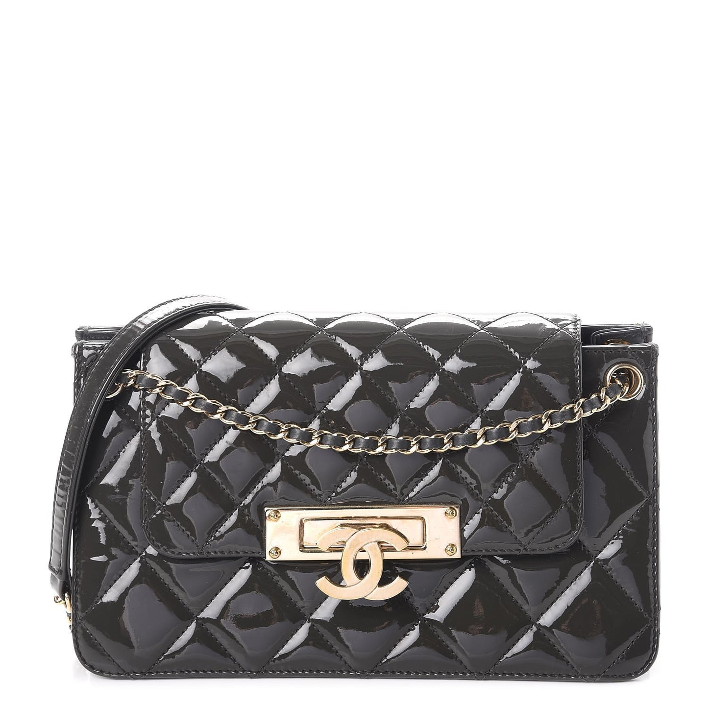 Patent Quilted Golden Class Accordion Flap Charcoal Grey