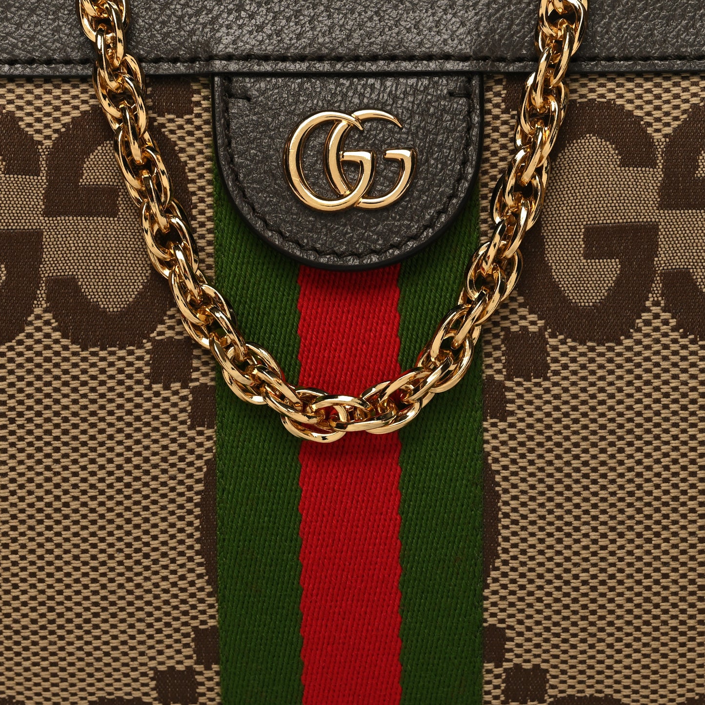 Monogram Jumbo GG Textured Dollar Calfskin Web Small Ophidia Chain Shoulder Bag Camel Ebony New Acero