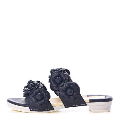 Chanel Lambskin Camellia Sandals 37 Navy Blue 1 of 15