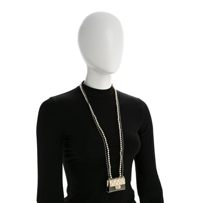 Chanel Metal Lambskin Pearl Chain Flap Bag Long Necklace Gold Black Pearly White 2 of 7