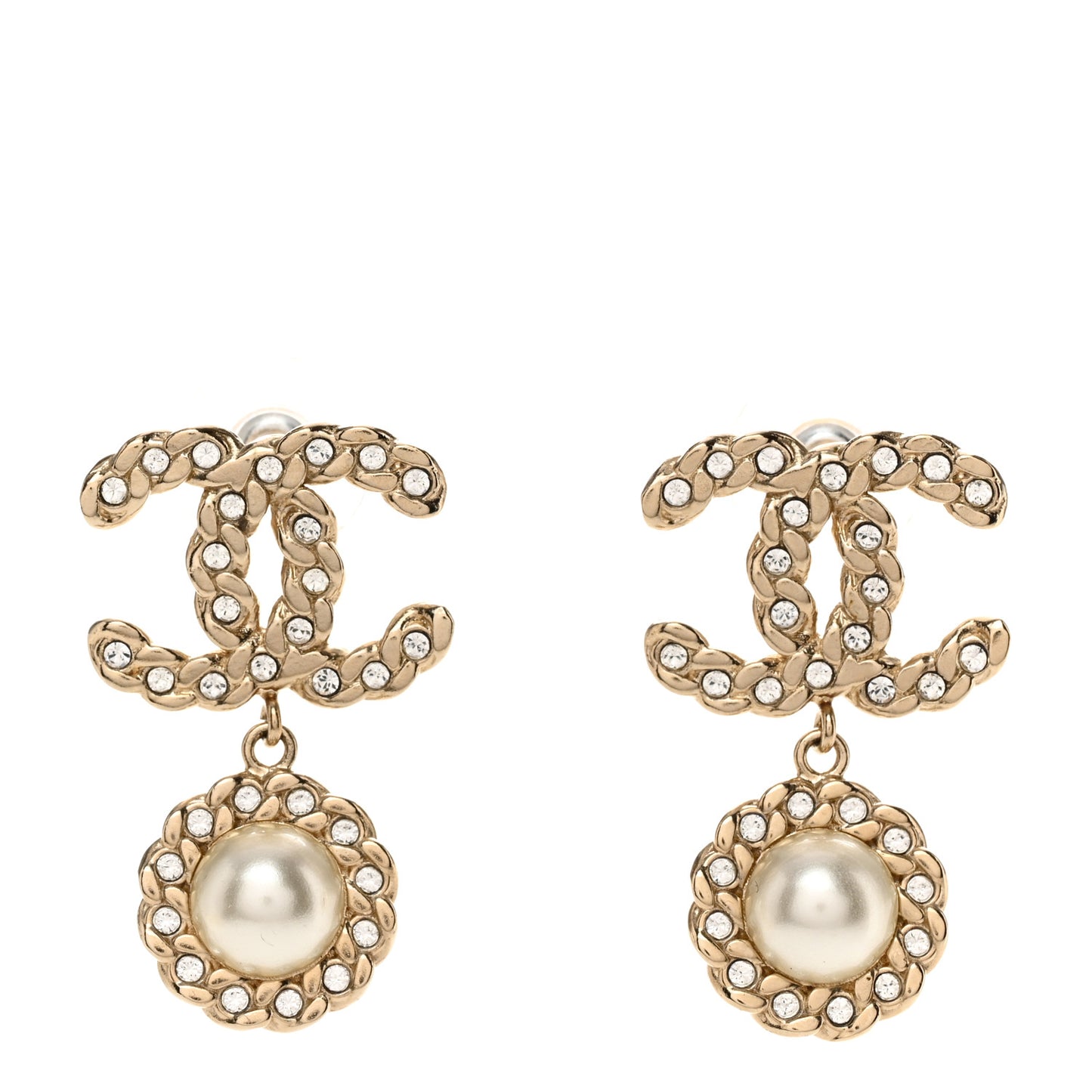 Crystal CC Pearl Drop Earrings Light Gold