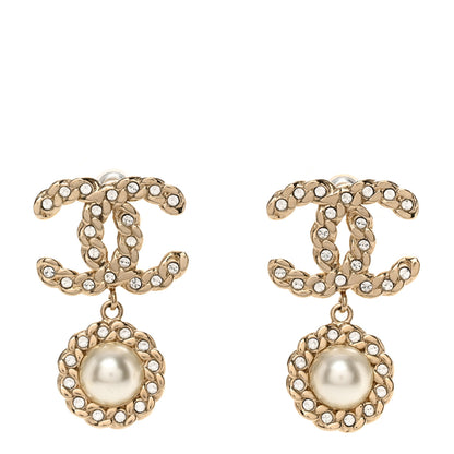Chanel Crystal CC Pearl Drop Earrings Light Gold 1 of 5