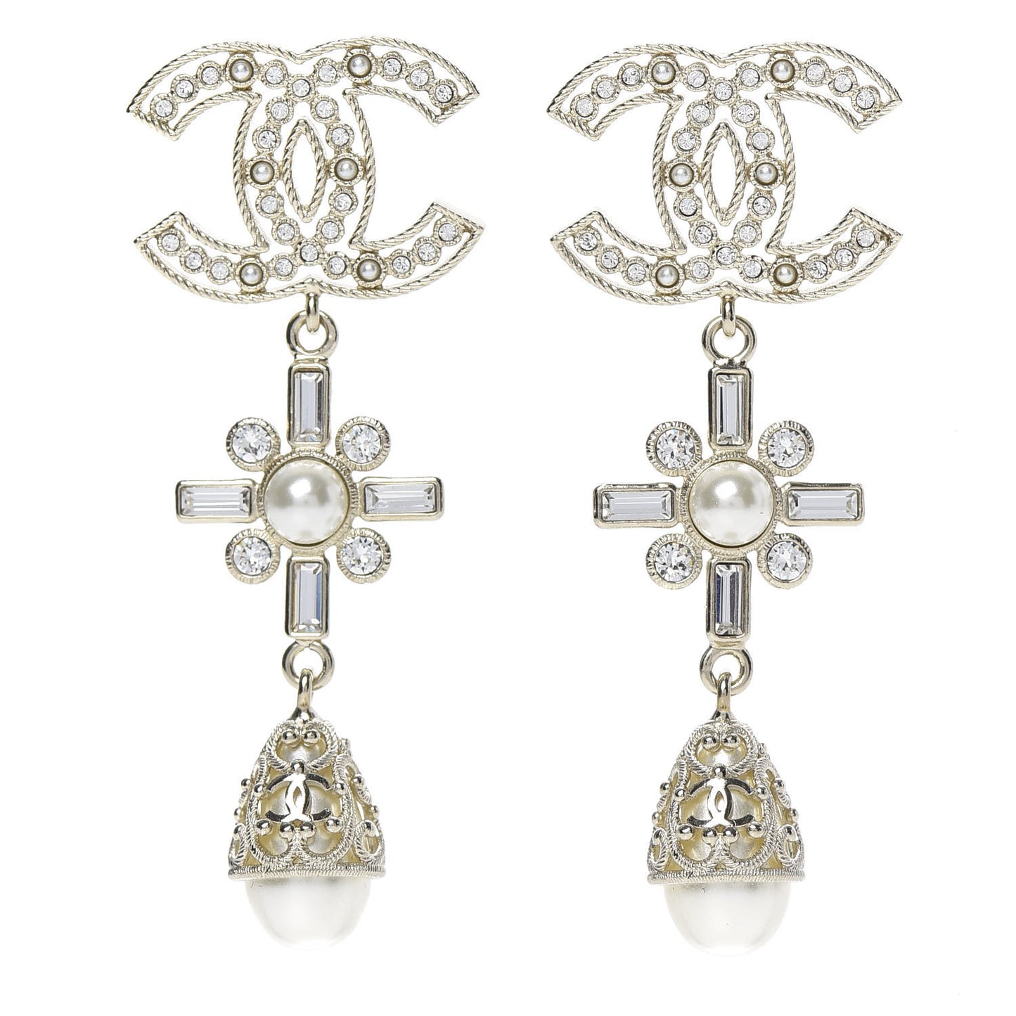 Crystal Baguette Pearl CC Cross Drop Earrings Gold