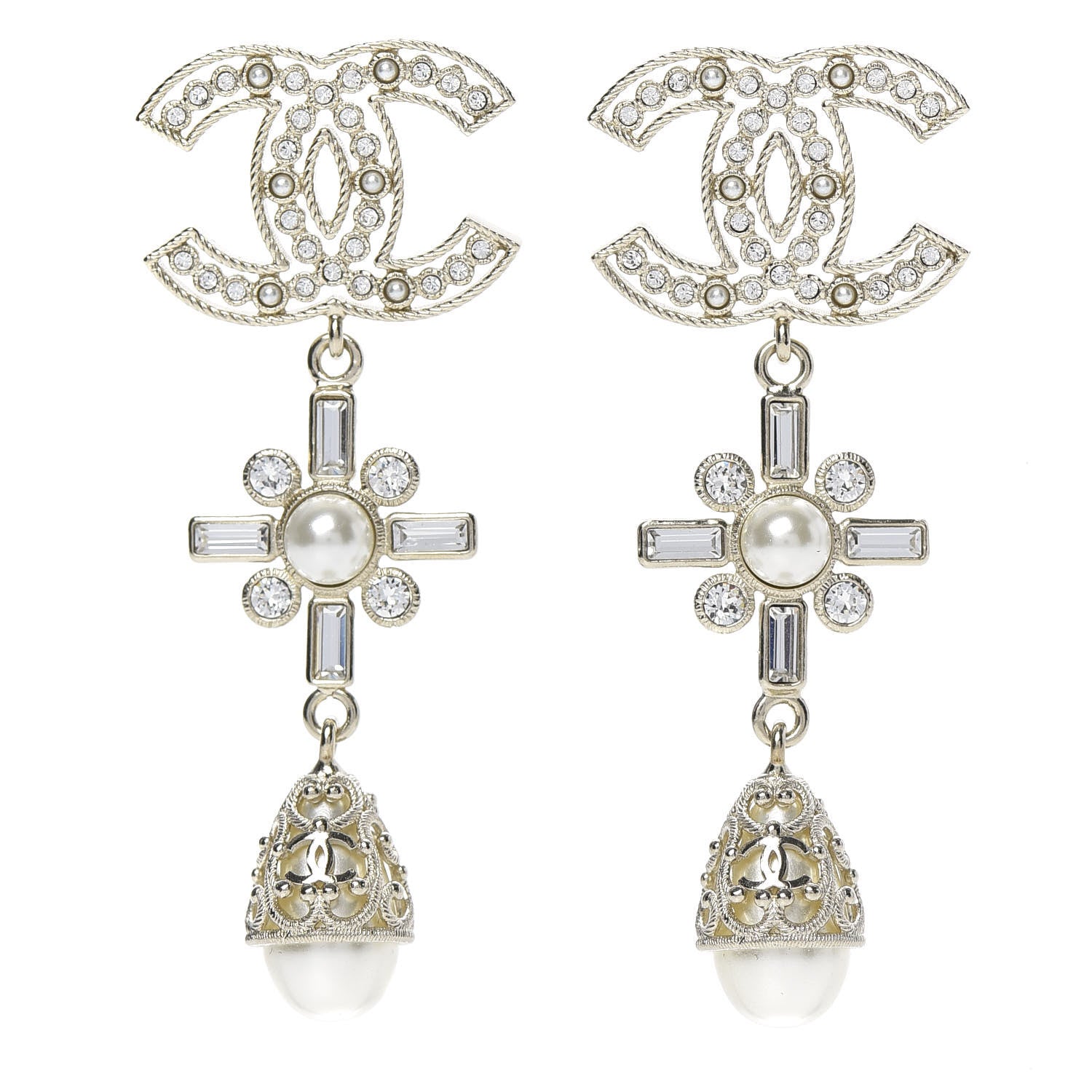 Chanel Crystal Baguette Pearl CC Cross Drop Earrings Gold 1 of 4
