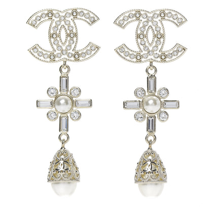 Chanel Crystal Baguette Pearl CC Cross Drop Earrings Gold 1 of 4