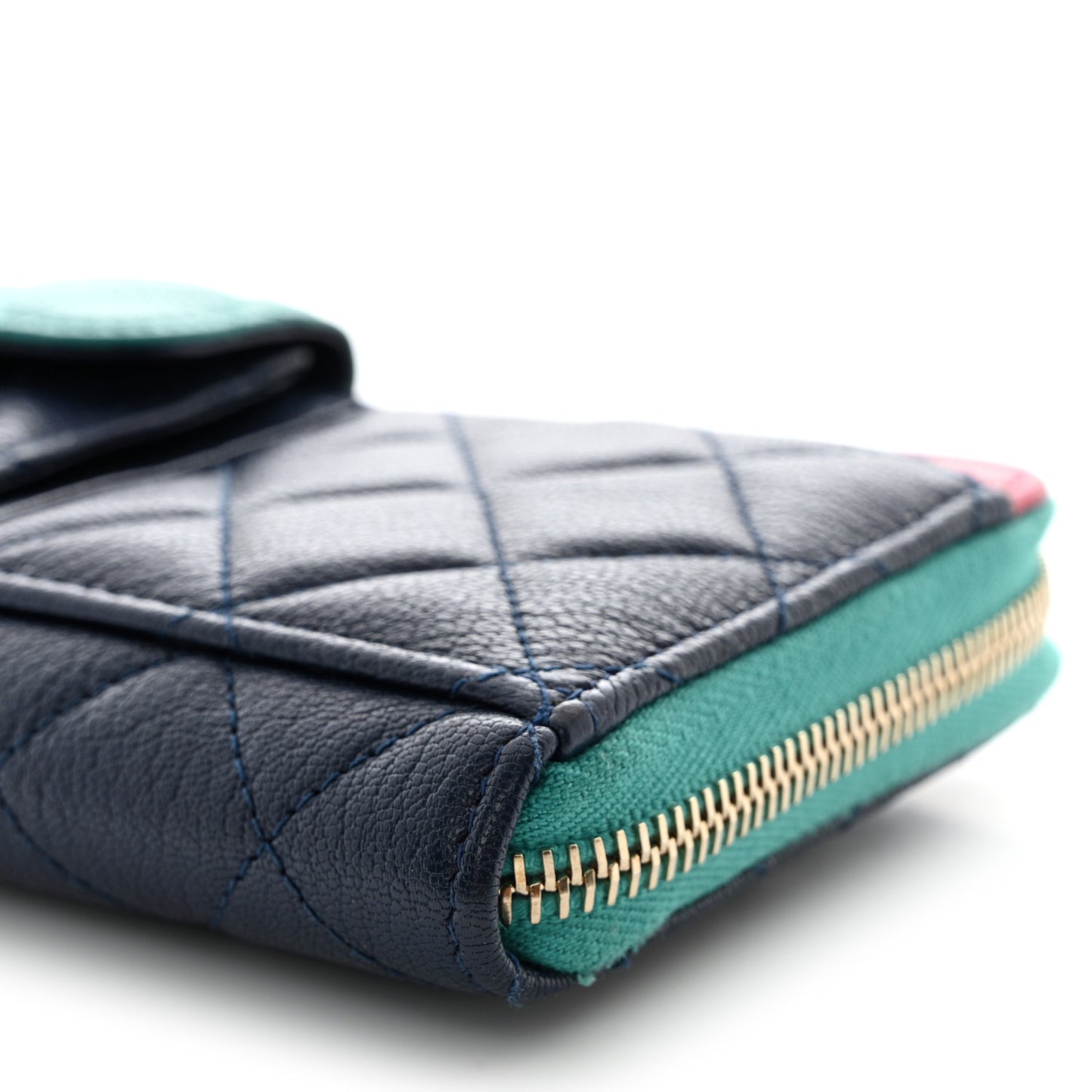 Goatskin Quilted Tri-Color In & Out Zip Around Wallet Navy Turquoise Pink