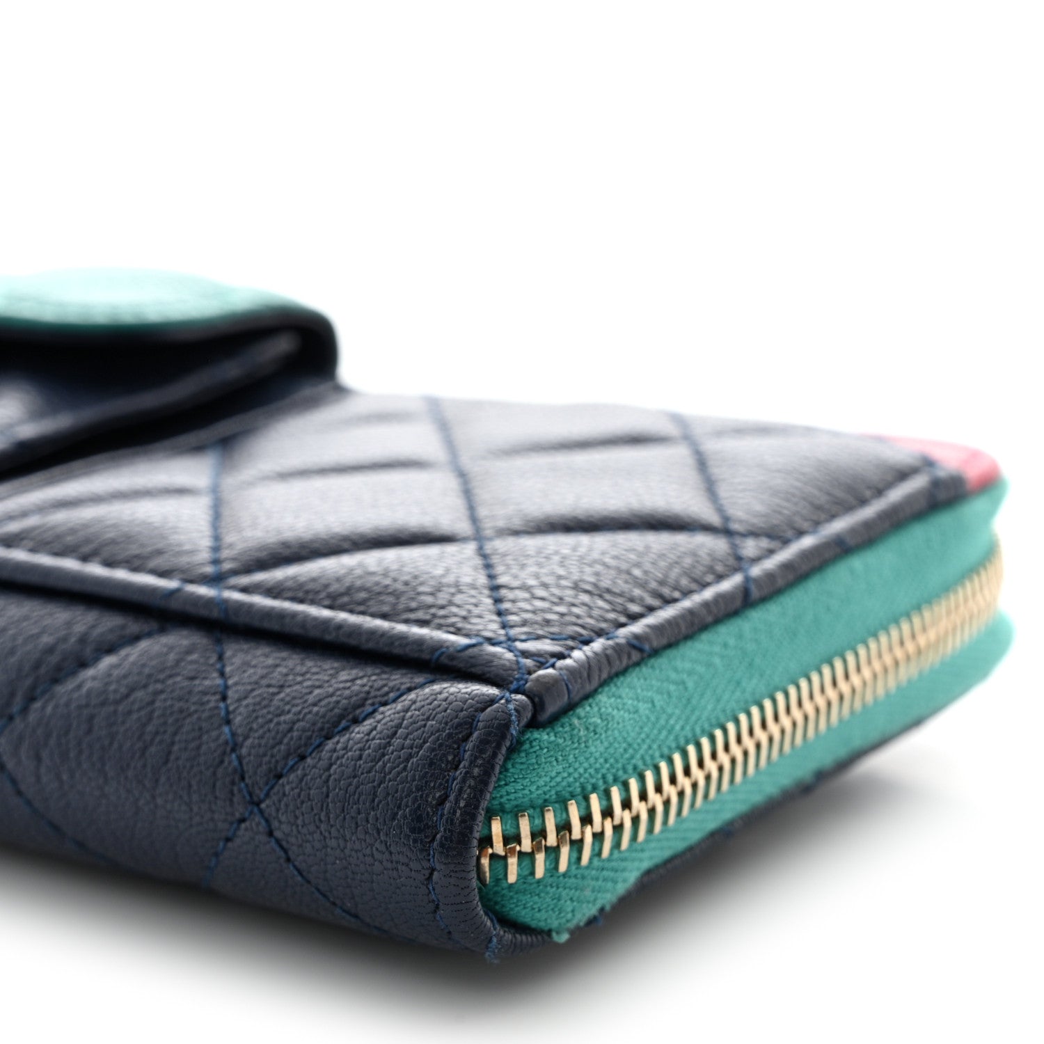 Chanel Goatskin Quilted Tri-Color In & Out Zip Around Wallet Navy Turquoise Pink 11 of 15