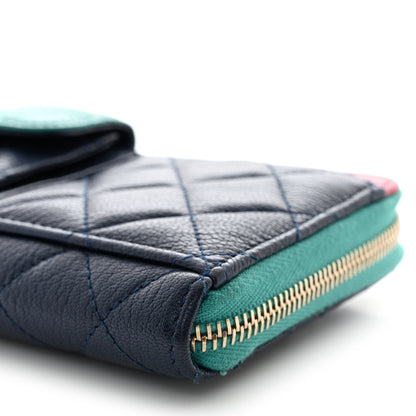 Chanel Goatskin Quilted Tri-Color In & Out Zip Around Wallet Navy Turquoise Pink 11 of 15