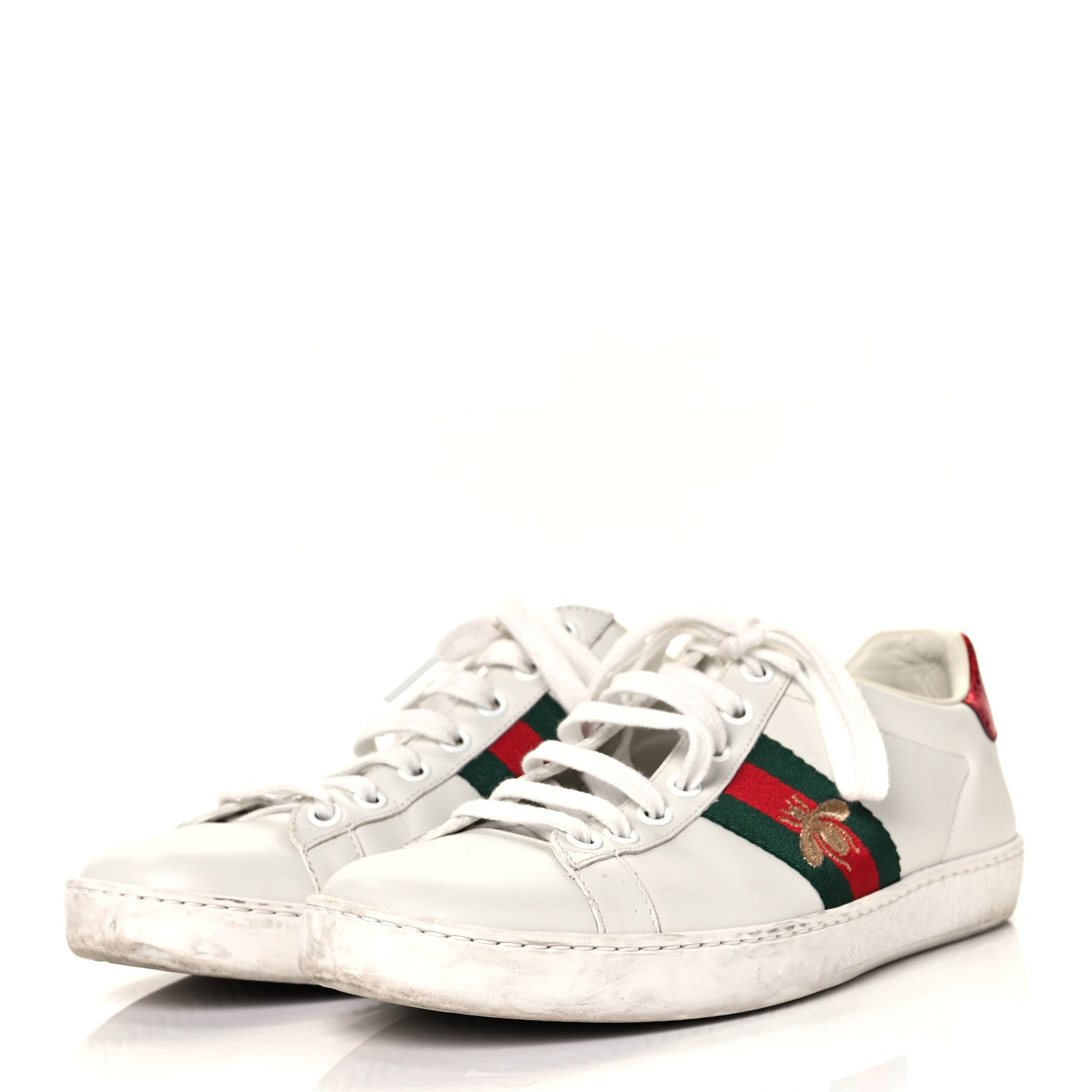 Gucci Calfskin Ayers Bee Embroidered Womens Ace Sneakers 37.5 White Green 3 of 8
