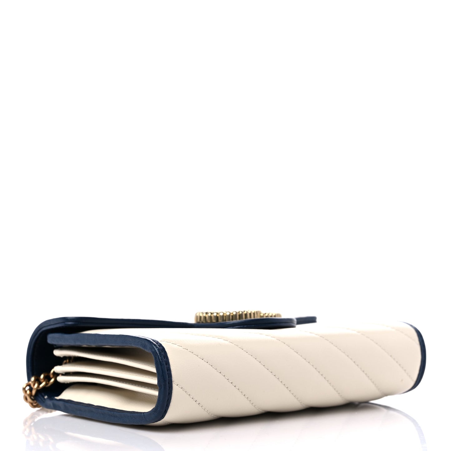 Vintage Effect Calfskin Matelasse Diagonal Torchon GG Marmont Chain Wallet Mystic White Blue Agata