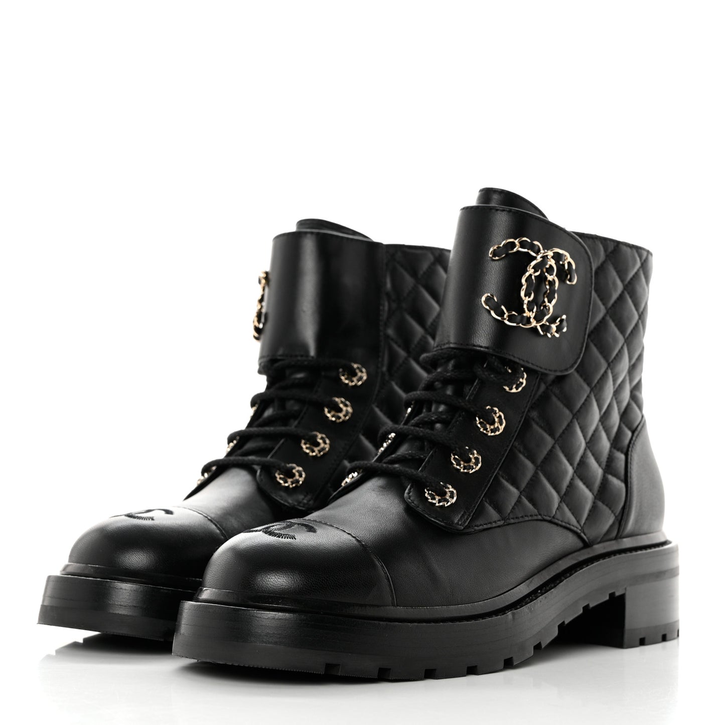 Shiny Lambskin Quilted Lace Up Combat Boots 39 Black