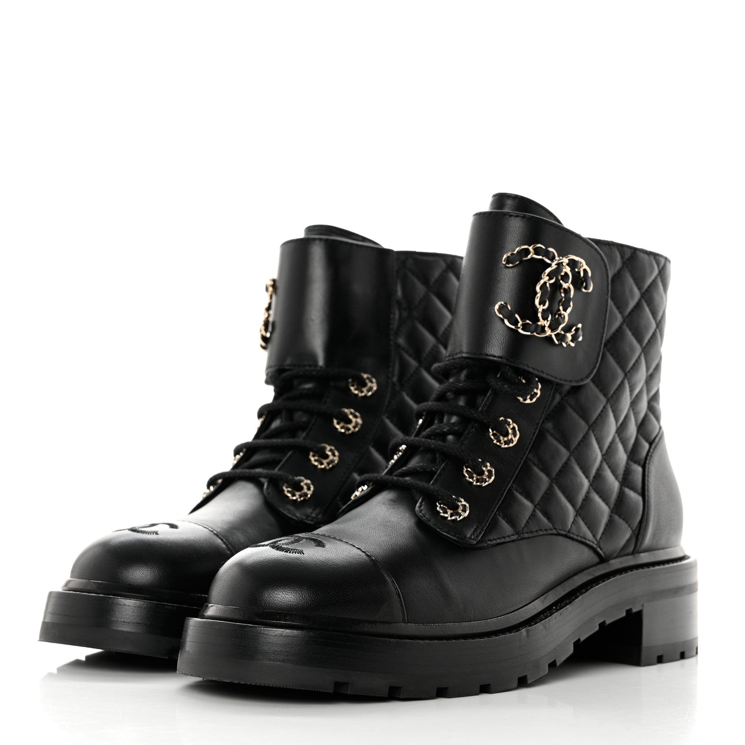 Chanel Shiny Lambskin Quilted Lace Up Combat Boots 39 Black 3 of 10