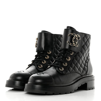 Chanel Shiny Lambskin Quilted Lace Up Combat Boots 39 Black 3 of 10