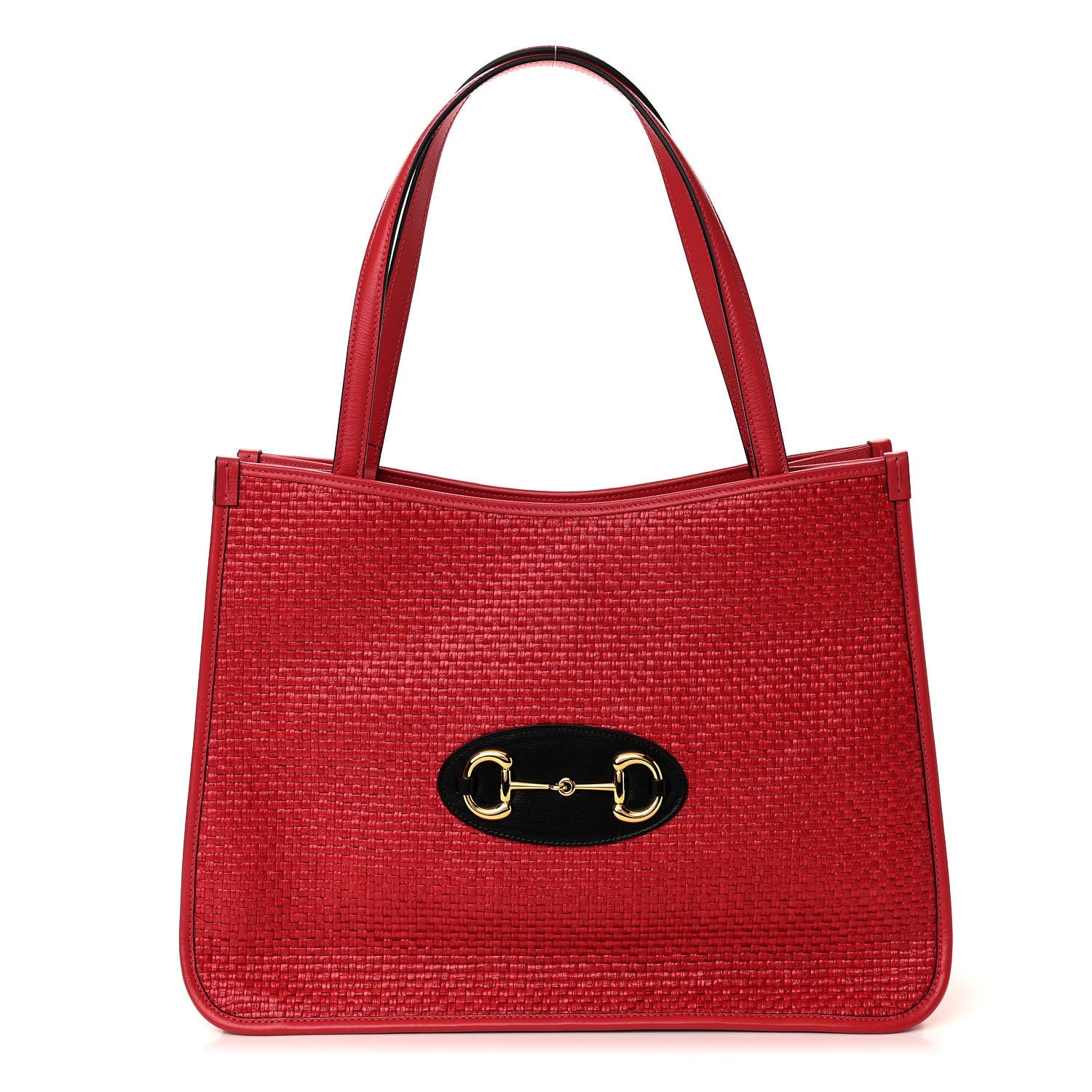 Gucci Straw Azalea Calfskin Horsebit 1955 Tote Bag Coral Wave Black 1 of 10