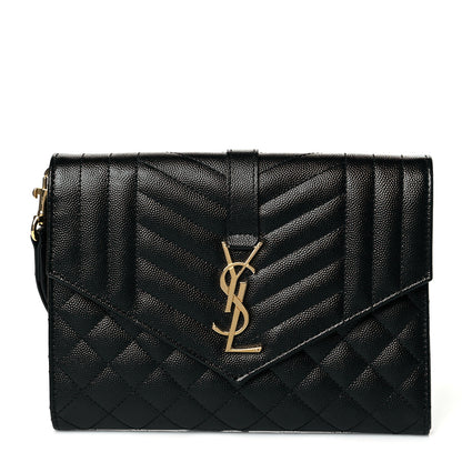 Saint Laurent Grain De Poudre Textured Mixed Matelasse Triquilt Monogram Clutch Black 1 of 11