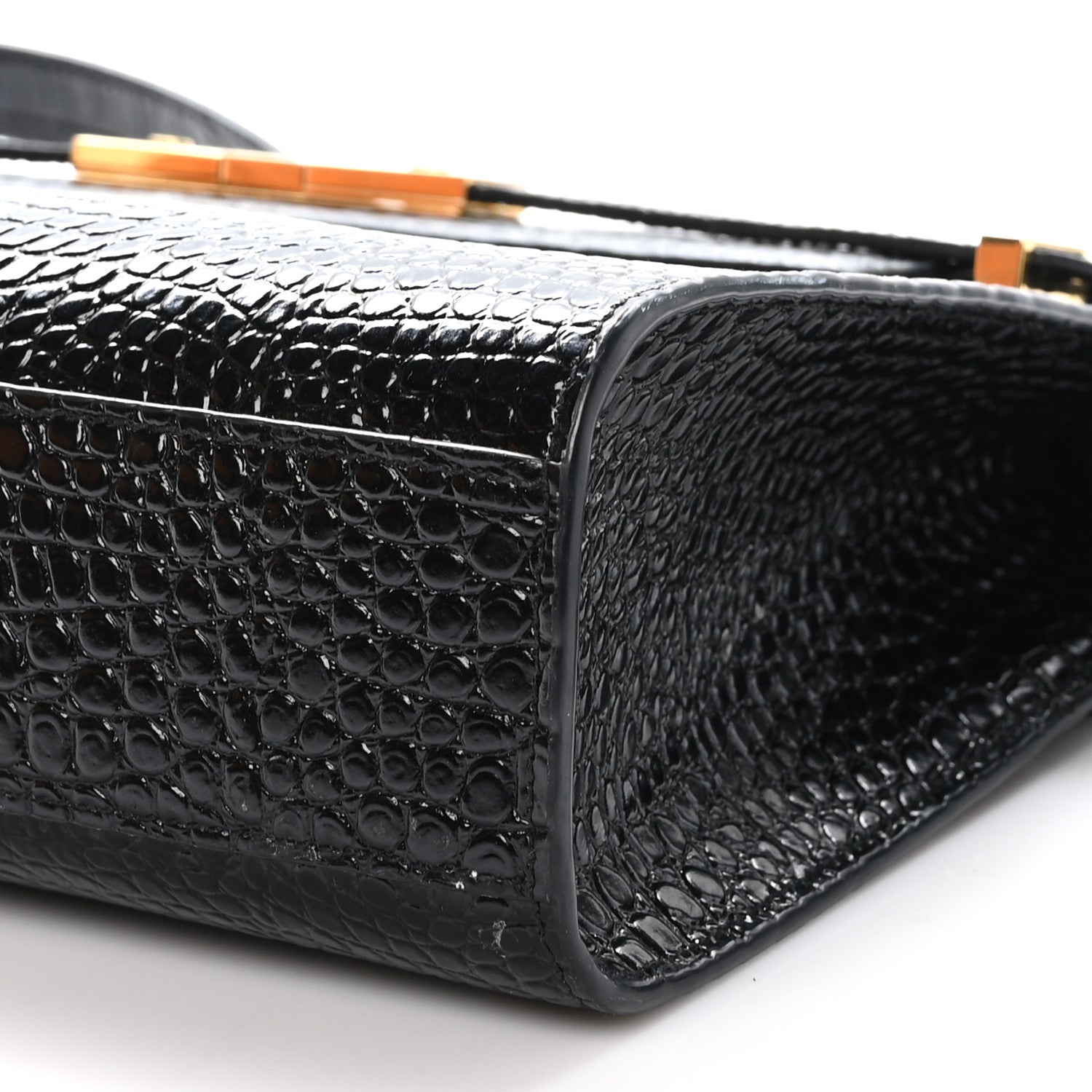 Saint Laurent Shiny Calfskin Crocodile Embossed Manhattan Baguette Black 10 of 10
