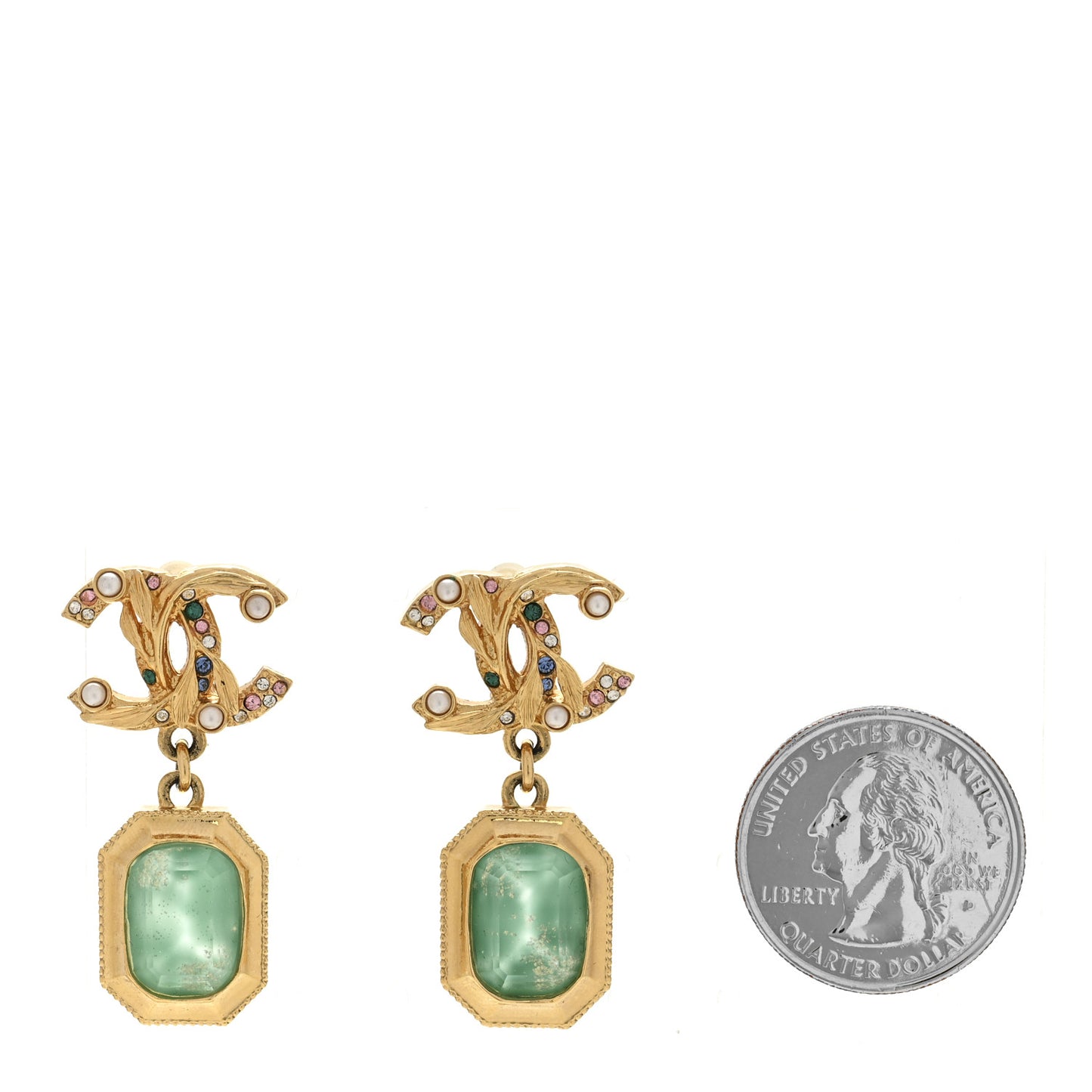Crystal Pearl Glitter CC Drop Earrings Gold Green