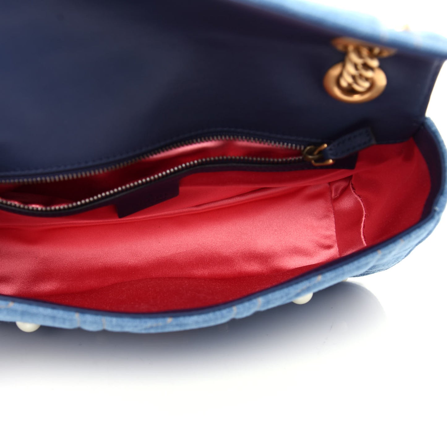 Denim Matelasse Pearl Studded Small GG Marmont Shoulder Bag Blue