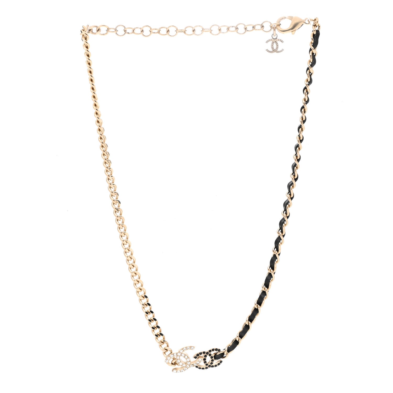 Chanel Metal Calfskin Crystal Double CC Short Necklace Black Gold 3 of 6