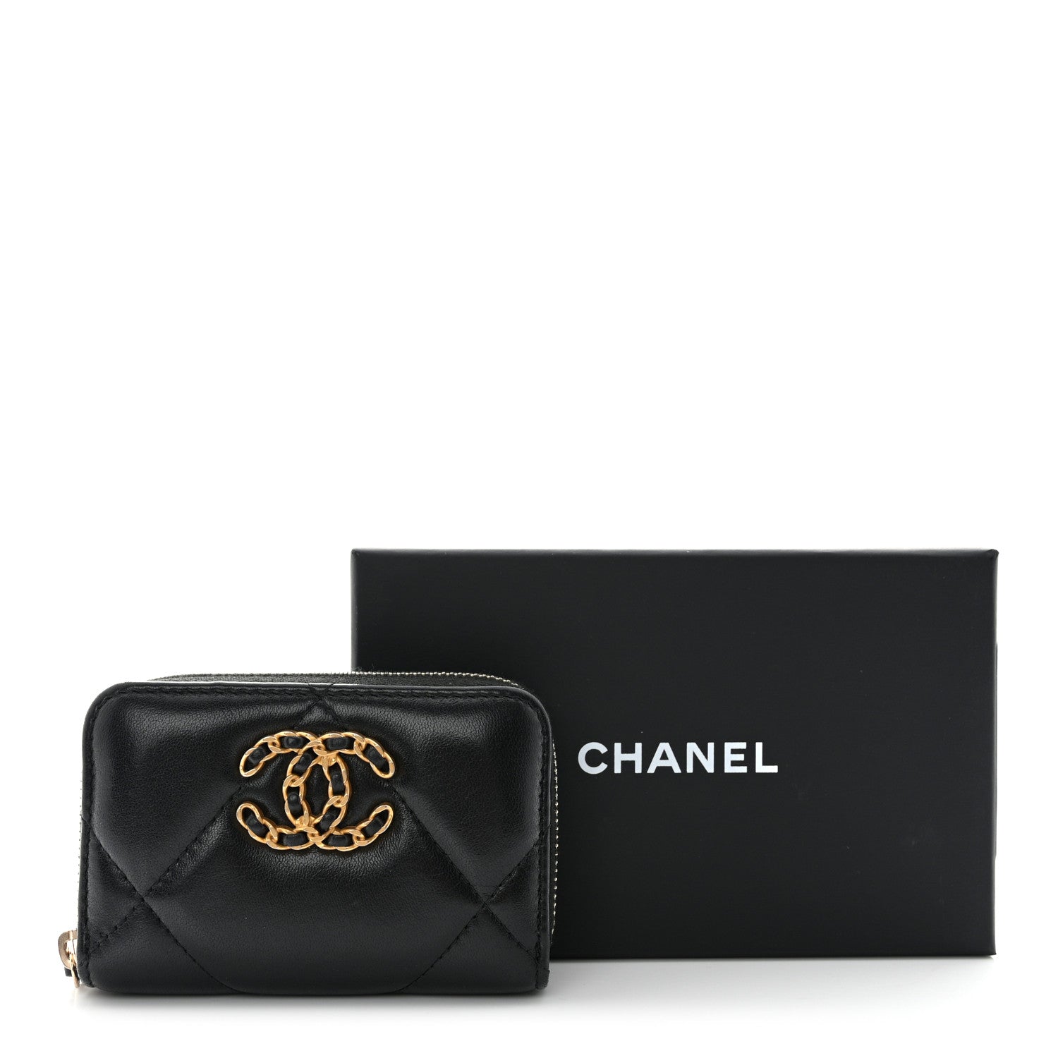 Chanel Lambskin Quilted Chanel 19 Zip Around Coin Purse Wallet